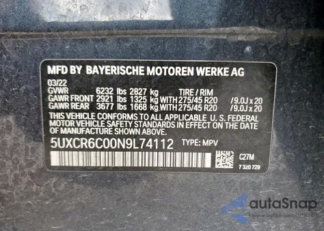 2022 BMW X5 xDrive40I from USA, damaged, VIN 5UXCR6C00N9L74112